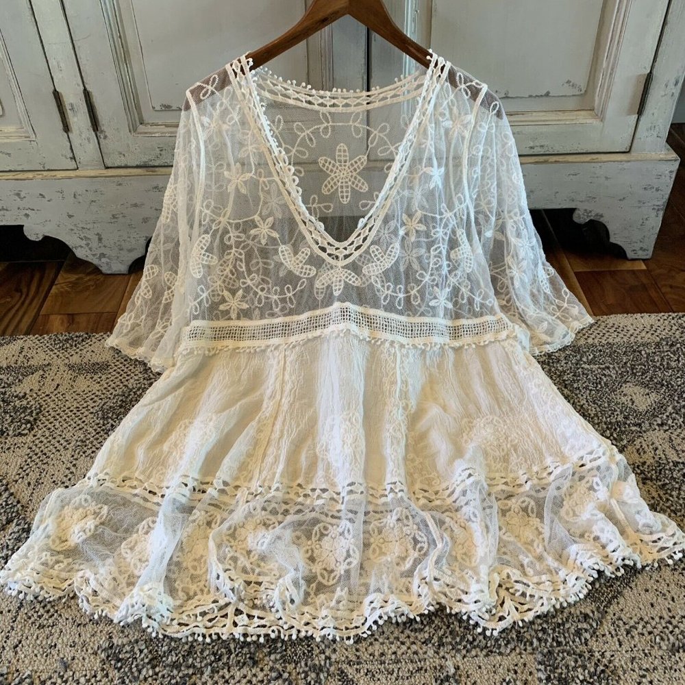 New White Lace Crochet Boho Folk Tunic Blouse Top Cover-Up Womens - Picture 3 of 6